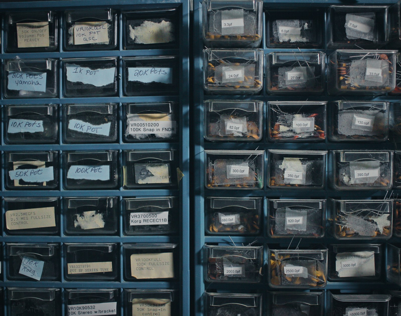 Rows of labeled small-parts storage drawers